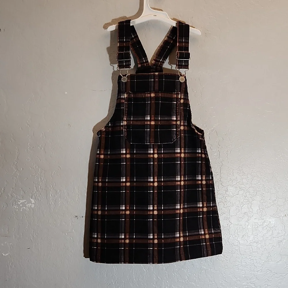 ART CLASS Plaid Kids Overall Dress - Black and Brown Small 6 6x